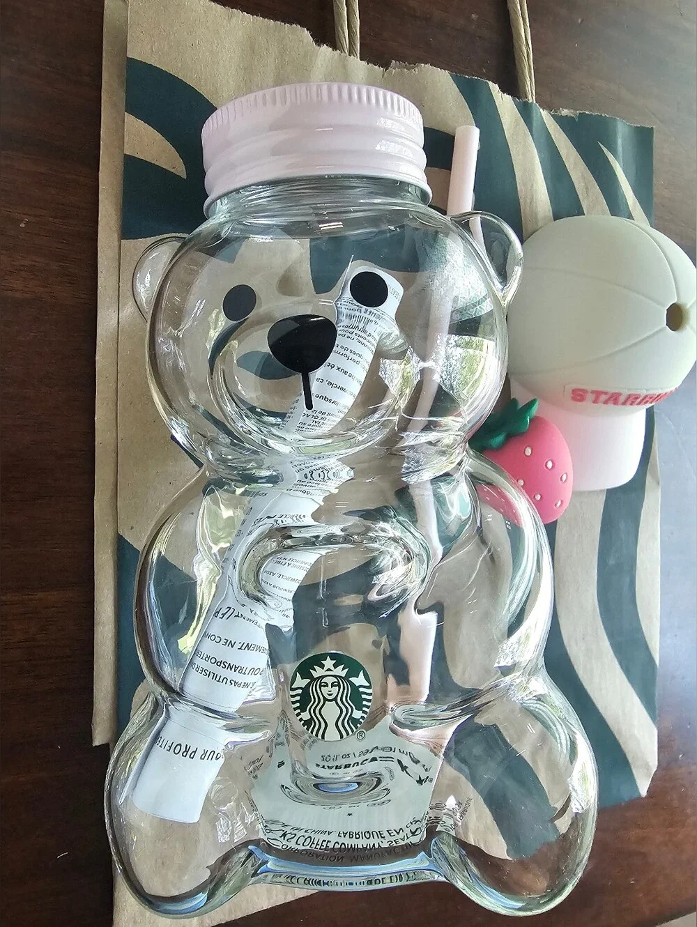 2026 Starbucks Bear Glass Bottle with Pink Lid and Straw Hat Strawberry